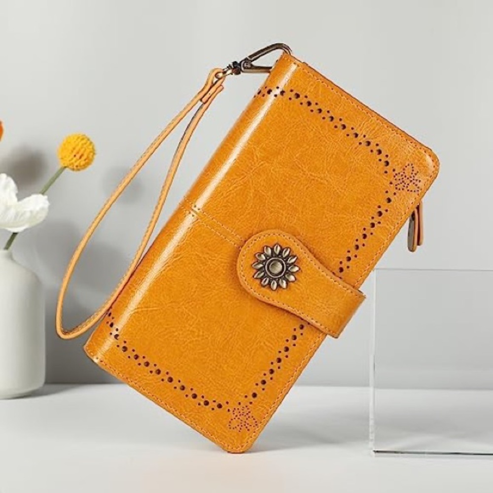 Lavemi Genuine Grain Leather Clutch with Wristlet and Decorative Stitching
